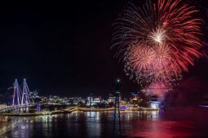 Beautiful shot of the exploding fireworks at the 2022 Yeosu Night Sea Fireworks Festival